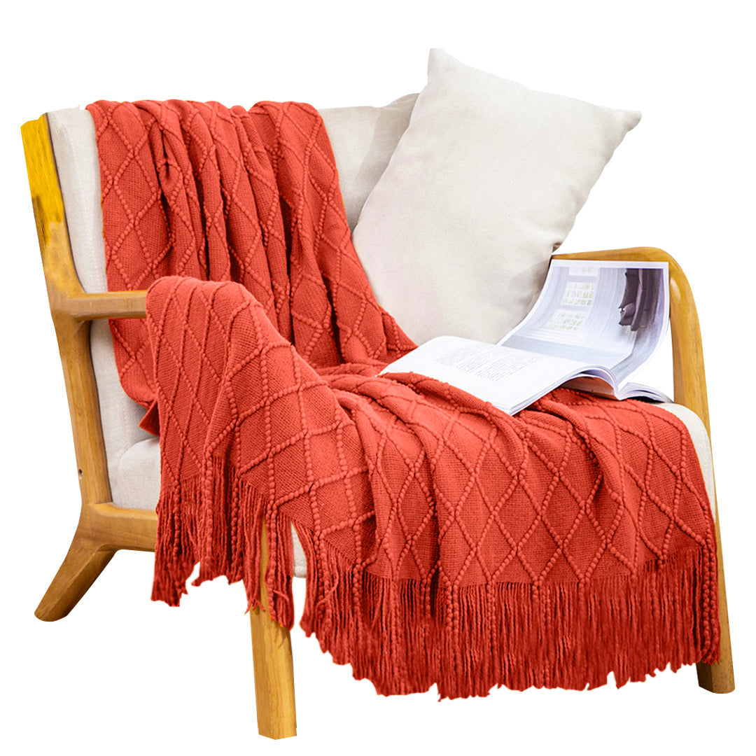 NNEAGS Red Diamond Pattern Knitted Throw Blanket Warm Cozy Woven Cover Couch Bed Sofa Home Decor with Tassels