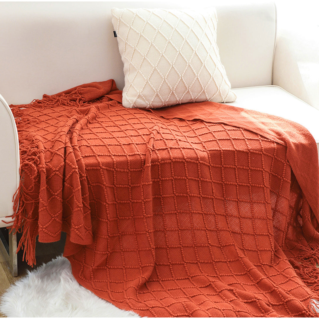 NNEAGS Red Diamond Pattern Knitted Throw Blanket Warm Cozy Woven Cover Couch Bed Sofa Home Decor with Tassels