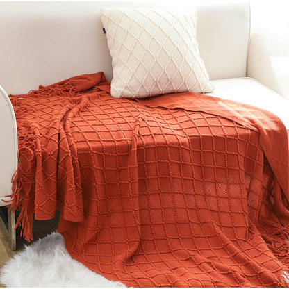 NNEAGS Red Diamond Pattern Knitted Throw Blanket Warm Cozy Woven Cover Couch Bed Sofa Home Decor with Tassels