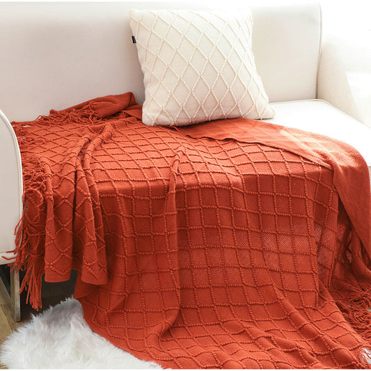 NNEAGS Red Diamond Pattern Knitted Throw Blanket Warm Cozy Woven Cover Couch Bed Sofa Home Decor with Tassels