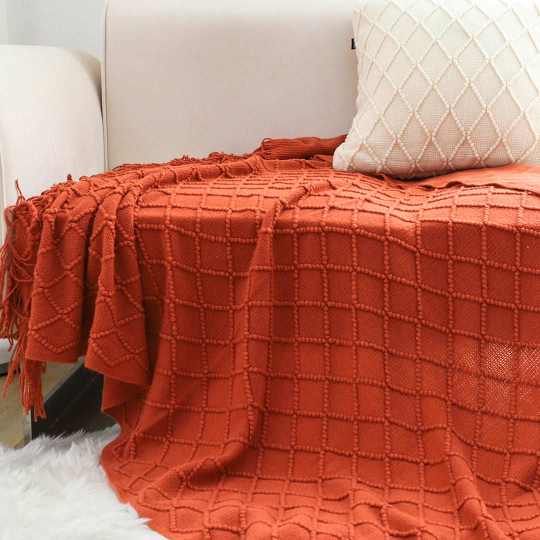 NNEAGS Red Diamond Pattern Knitted Throw Blanket Warm Cozy Woven Cover Couch Bed Sofa Home Decor with Tassels