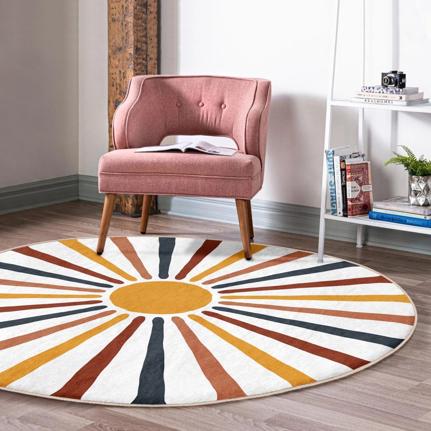 Abstract Round Rug, Sun Floor Carpet, Geometric Non Slip Circle Rugs,