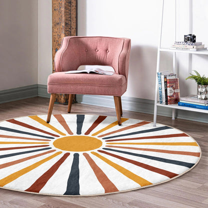 Abstract Round Rug, Sun Floor Carpet, Geometric Non Slip Circle Rugs,