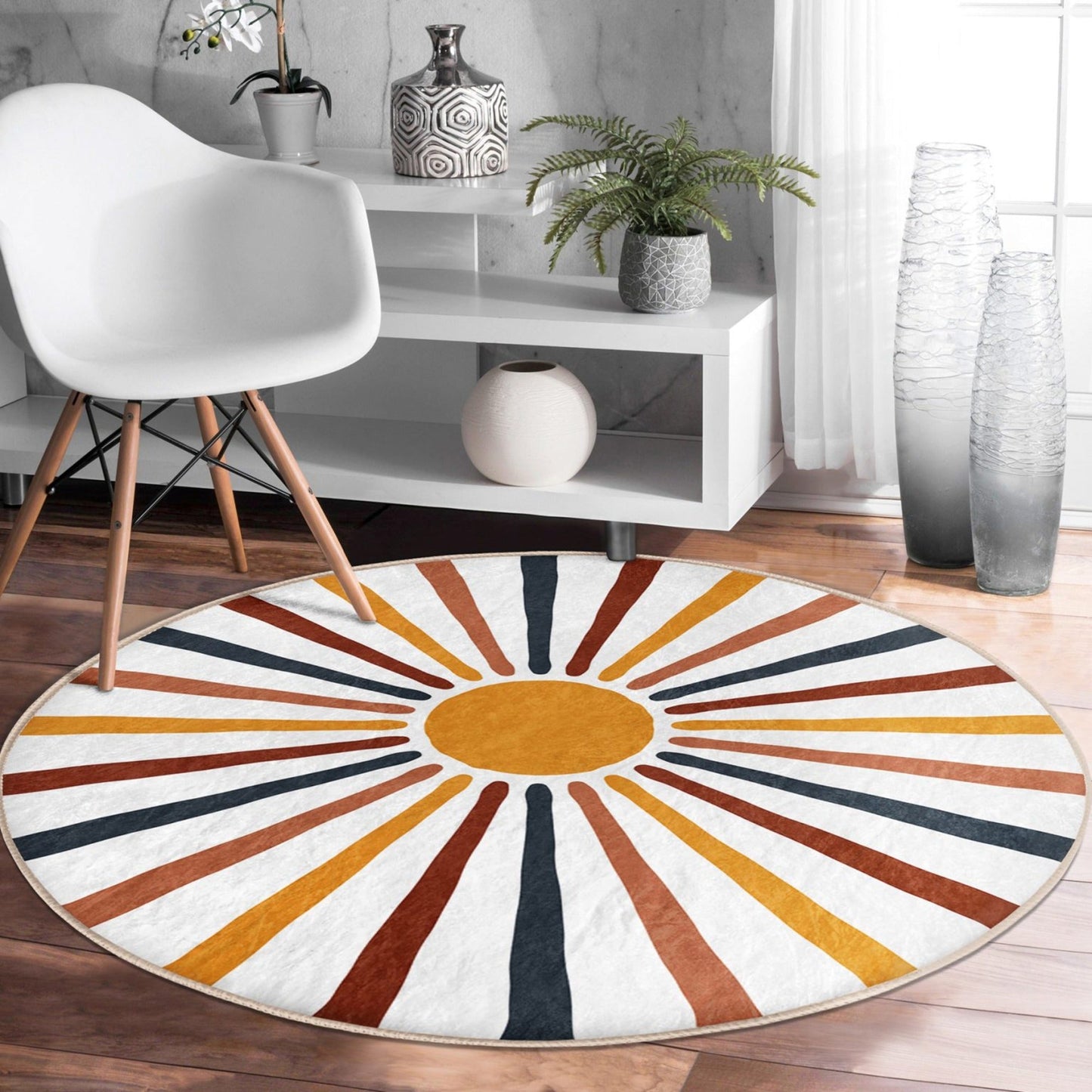 Abstract Round Rug, Sun Floor Carpet, Geometric Non Slip Circle Rugs,