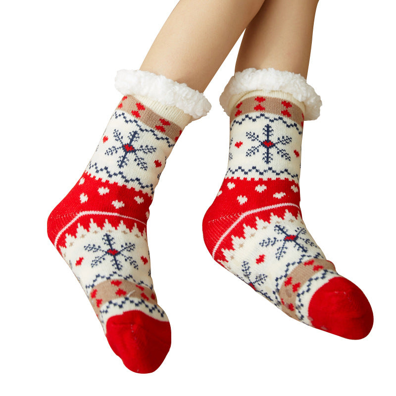 NNEDSZ Festive Plush Christmas Socks , Warm Winter Slipper Socks with Snowflake Pattern, Non-slip floor socks Red Snowflake