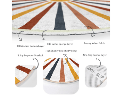Abstract Round Rug, Sun Floor Carpet, Geometric Non Slip Circle Rugs,