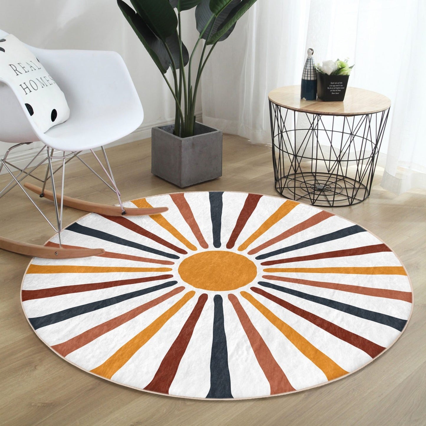 Abstract Round Rug, Sun Floor Carpet, Geometric Non Slip Circle Rugs,