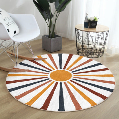 Abstract Round Rug, Sun Floor Carpet, Geometric Non Slip Circle Rugs,