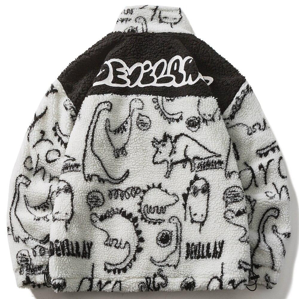 Lambswool Parkas Winter Jacket Men Dinosaur Graffiti Fuzzy Casual Fashion Hip Hop Baggy Oversized Coat Couple Outerwear-0