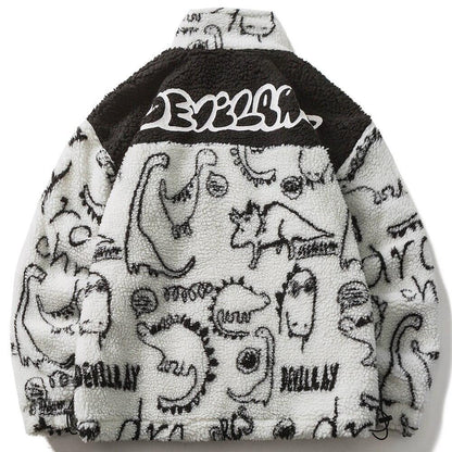 Lambswool Parkas Winter Jacket Men Dinosaur Graffiti Fuzzy Casual Fashion Hip Hop Baggy Oversized Coat Couple Outerwear-0