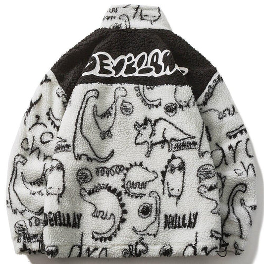 Lambswool Parkas Winter Jacket Men Dinosaur Graffiti Fuzzy Casual Fashion Hip Hop Baggy Oversized Coat Couple Outerwear-0