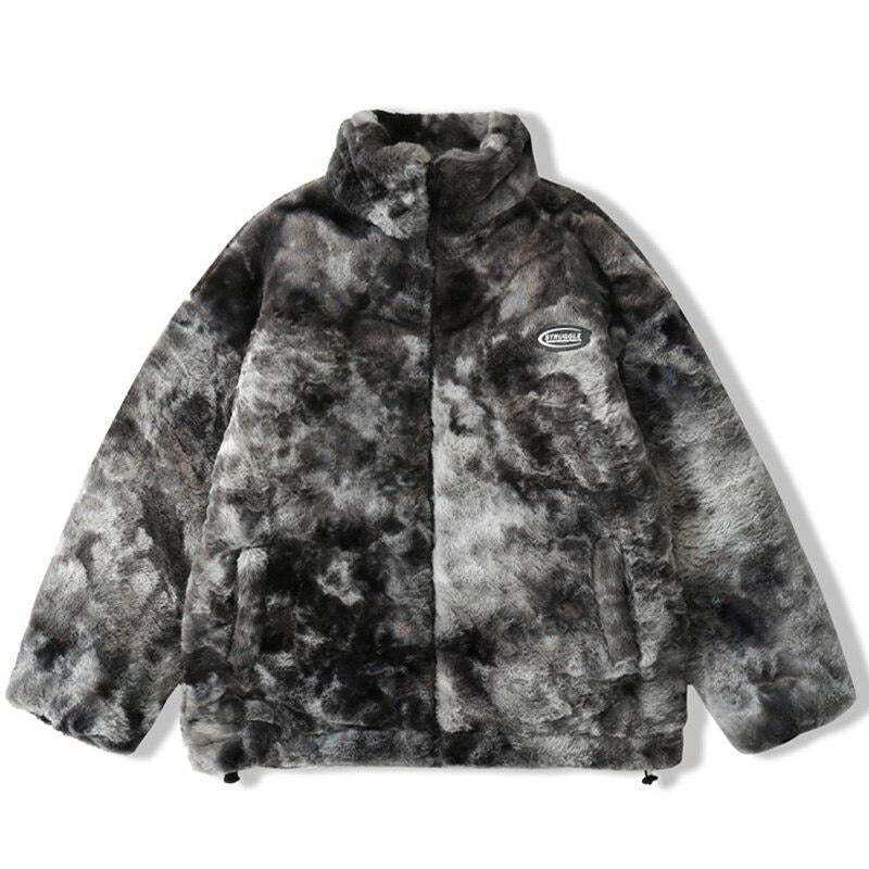 Faux Fur Fleece Winter Jacket Men Tie Dye Printed Fuzzy Jackets Casual Hip Hop Baggy Warm Zipper Coats Couple Outerwear-0