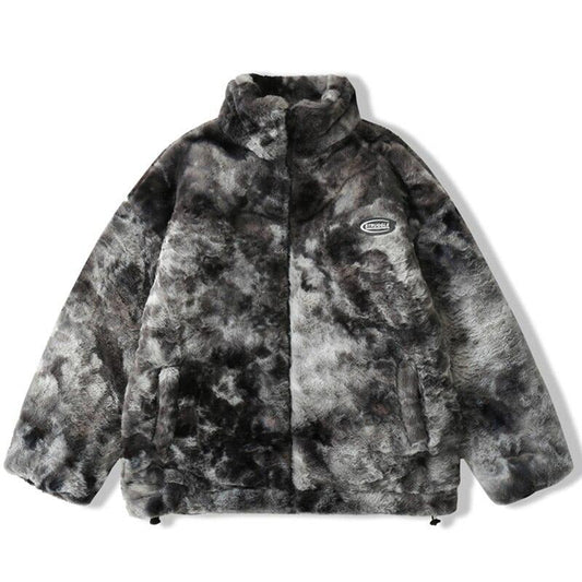 Faux Fur Fleece Winter Jacket Men Tie Dye Printed Fuzzy Jackets Casual Hip Hop Baggy Warm Zipper Coats Couple Outerwear-0