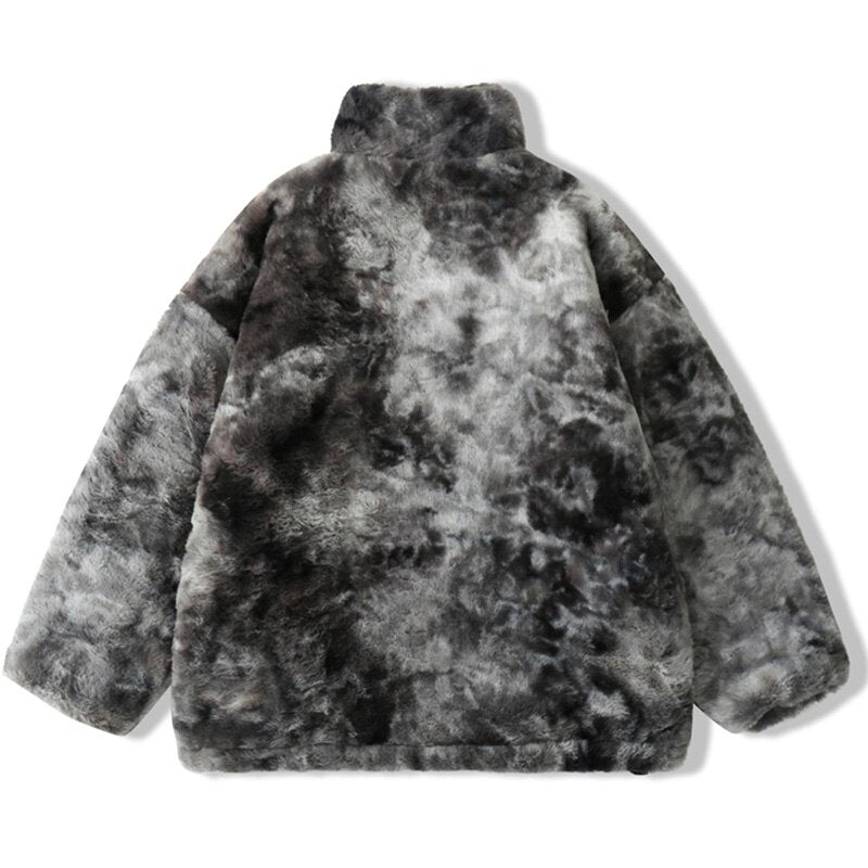 Faux Fur Fleece Winter Jacket Men Tie Dye Printed Fuzzy Jackets Casual Hip Hop Baggy Warm Zipper Coats Couple Outerwear-1