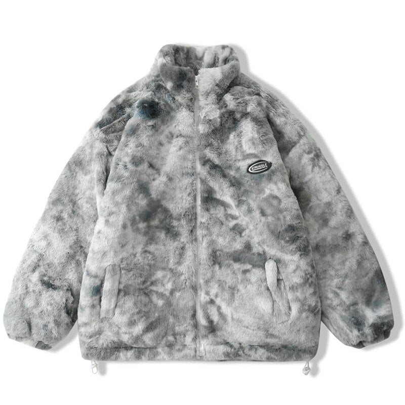 Faux Fur Fleece Winter Jacket Men Tie Dye Printed Fuzzy Jackets Casual Hip Hop Baggy Warm Zipper Coats Couple Outerwear-2