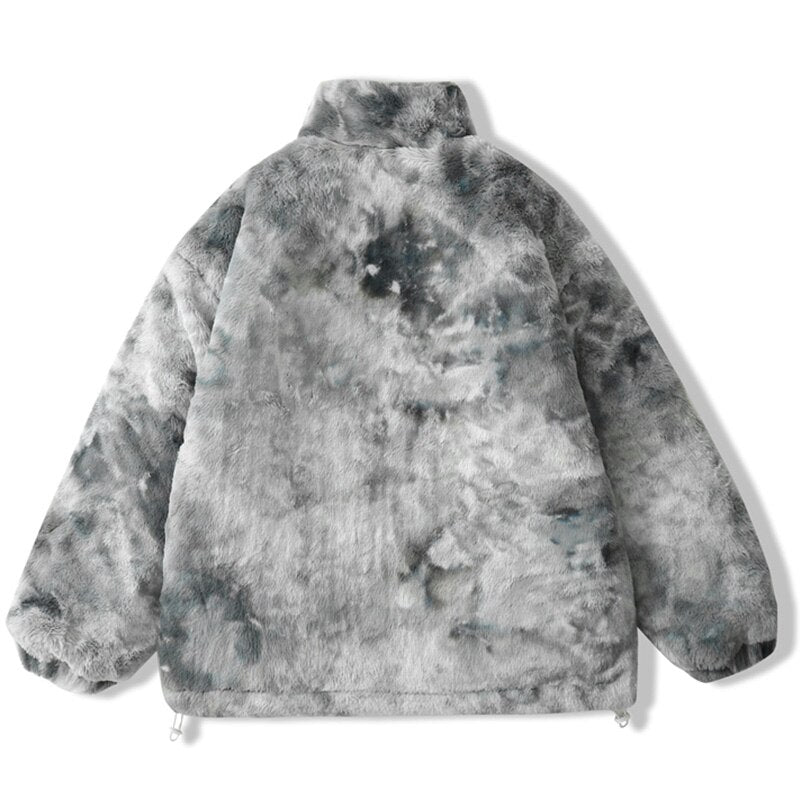 Faux Fur Fleece Winter Jacket Men Tie Dye Printed Fuzzy Jackets Casual Hip Hop Baggy Warm Zipper Coats Couple Outerwear-3