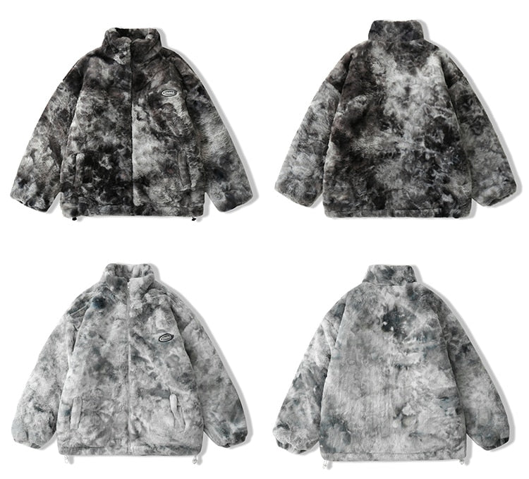 Faux Fur Fleece Winter Jacket Men Tie Dye Printed Fuzzy Jackets Casual Hip Hop Baggy Warm Zipper Coats Couple Outerwear-4