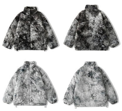 Faux Fur Fleece Winter Jacket Men Tie Dye Printed Fuzzy Jackets Casual Hip Hop Baggy Warm Zipper Coats Couple Outerwear-4